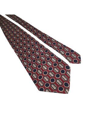Geoffrey Beene Mens Silk Tie Red Blue Tan Geometric Classic Wide Handmade 56 x 4